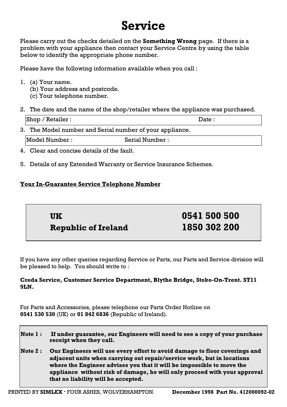 Service, Republic of ireland | Creda 41202 User Manual | Page 24 / 24