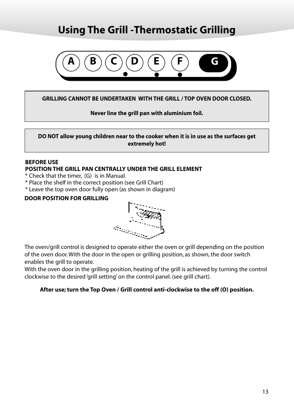 Using the grill -thermostatic grilling, Ab c d e | Creda M350E User Manual | Page 13 / 24