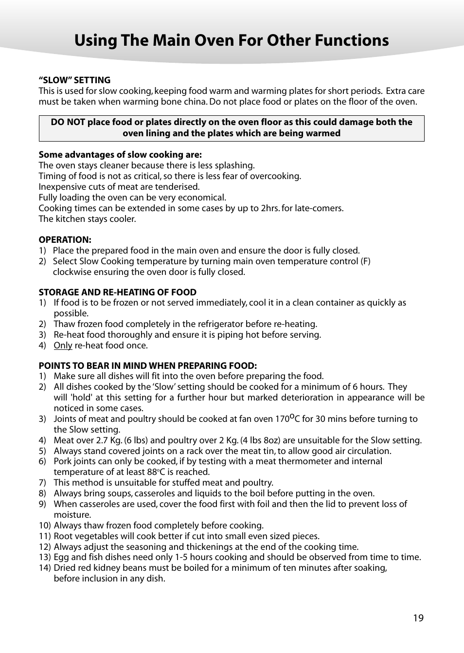 Using the main oven for other functions | Creda M350E User Manual | Page 19 / 24