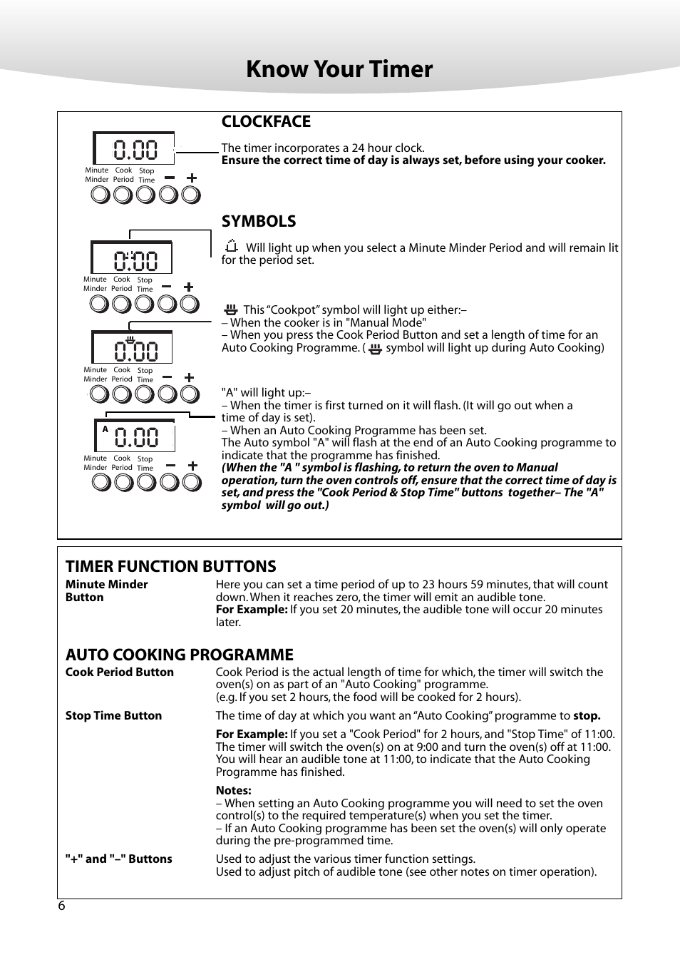 Know your timer, Clockface, Symbols | Timer function buttons auto cooking programme | Creda M350E User Manual | Page 6 / 24