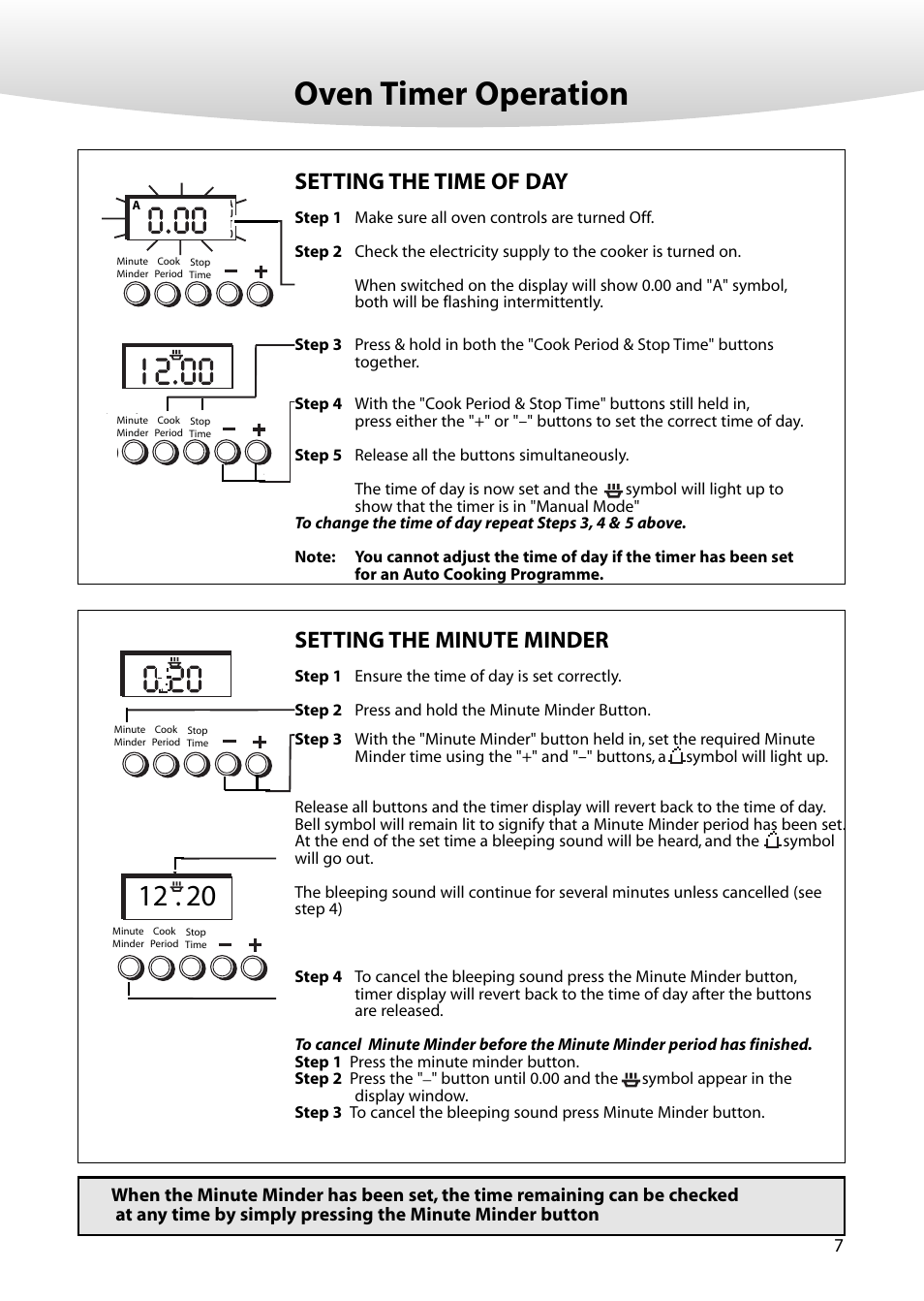 Oven timer operation, Setting the time of day, Setting the minute minder | Creda M350E User Manual | Page 7 / 24