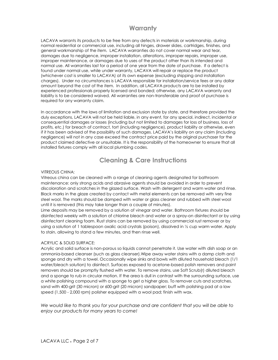 Warranty, Cleaning & care instructions | Lacava 4282 User Manual | Page 2 / 7