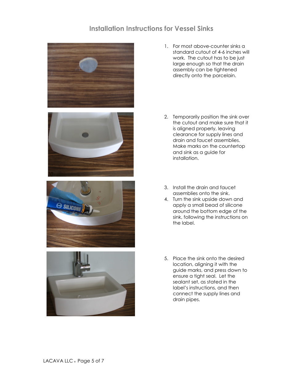 Installation instructions for vessel sinks | Lacava 4282 User Manual | Page 5 / 7