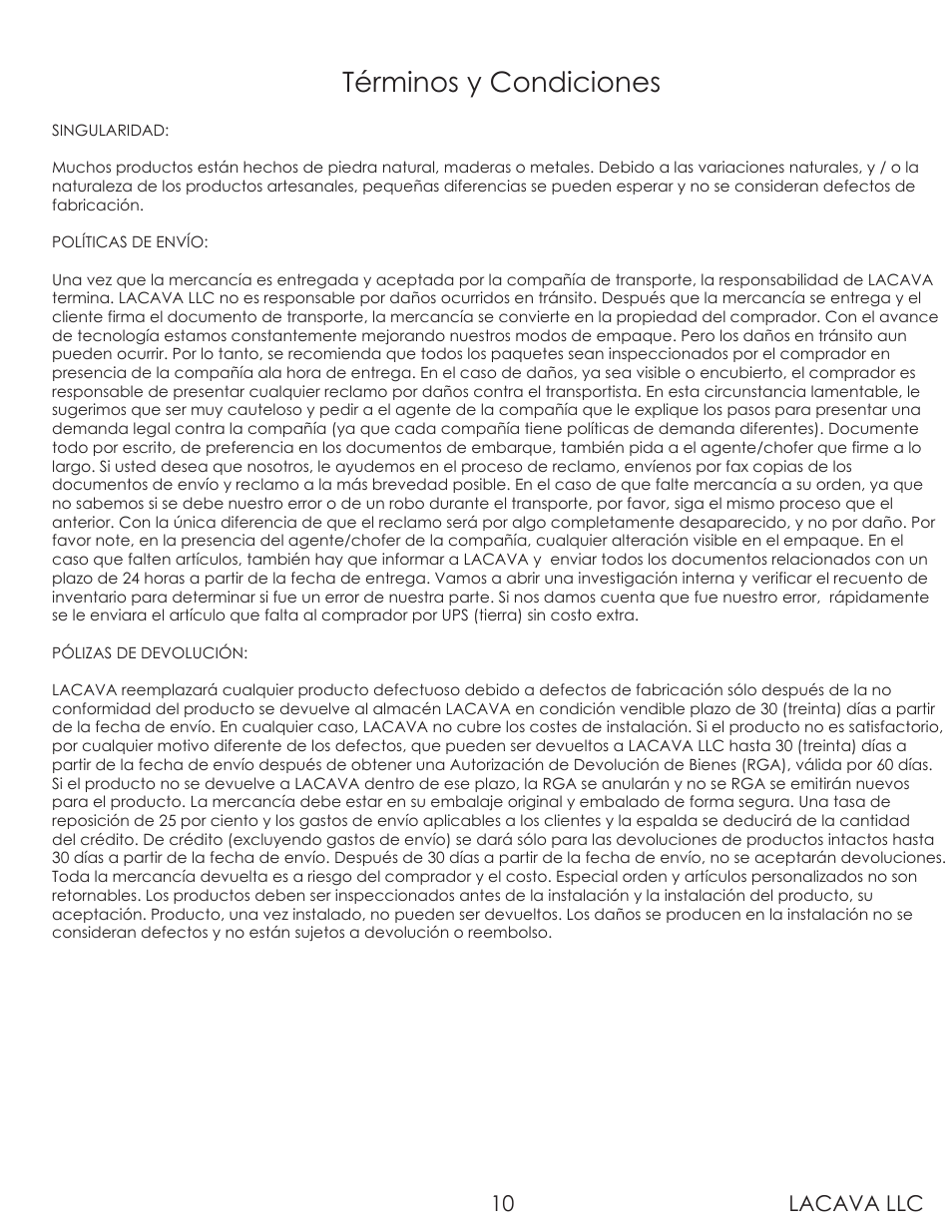 Términos y condiciones, Lacava llc 10 | Lacava DE142 User Manual | Page 10 / 10