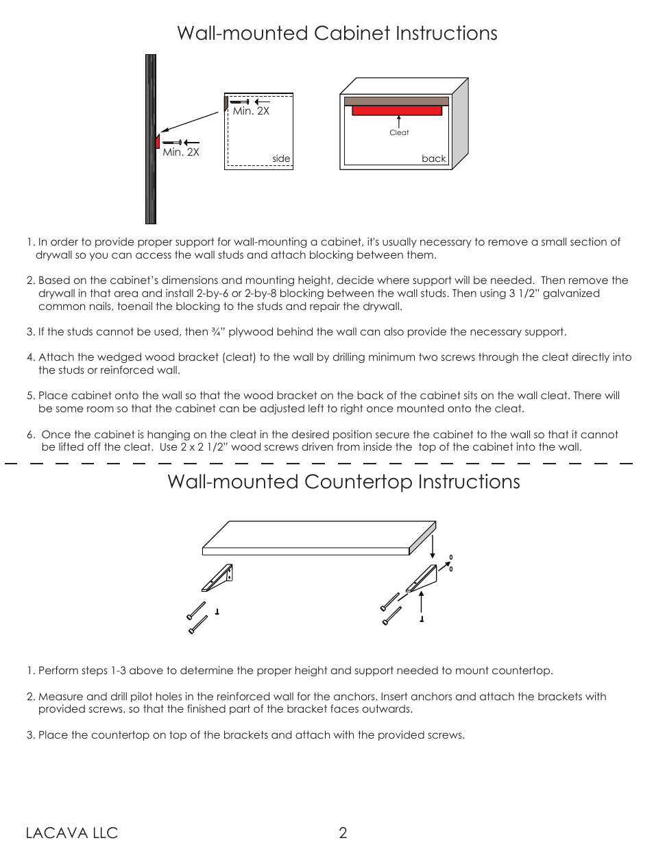 Wall-mounted cabinet instructions, Wall-mounted countertop instructions, Lacava llc 2 | Lacava DE142 User Manual | Page 2 / 10