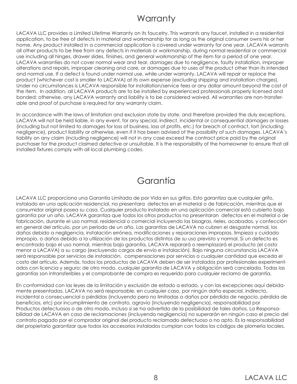 Warranty, Garantía, Lacava llc 8 | Lacava 1595 User Manual | Page 8 / 10