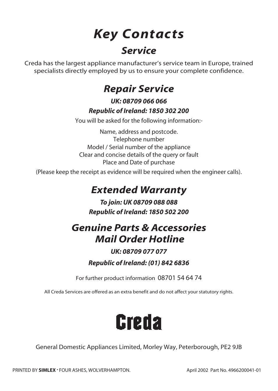 Key contacts, Service, Repair service | Extended warranty, Genuine parts & accessories mail order hotline | Creda X152 User Manual | Page 24 / 24