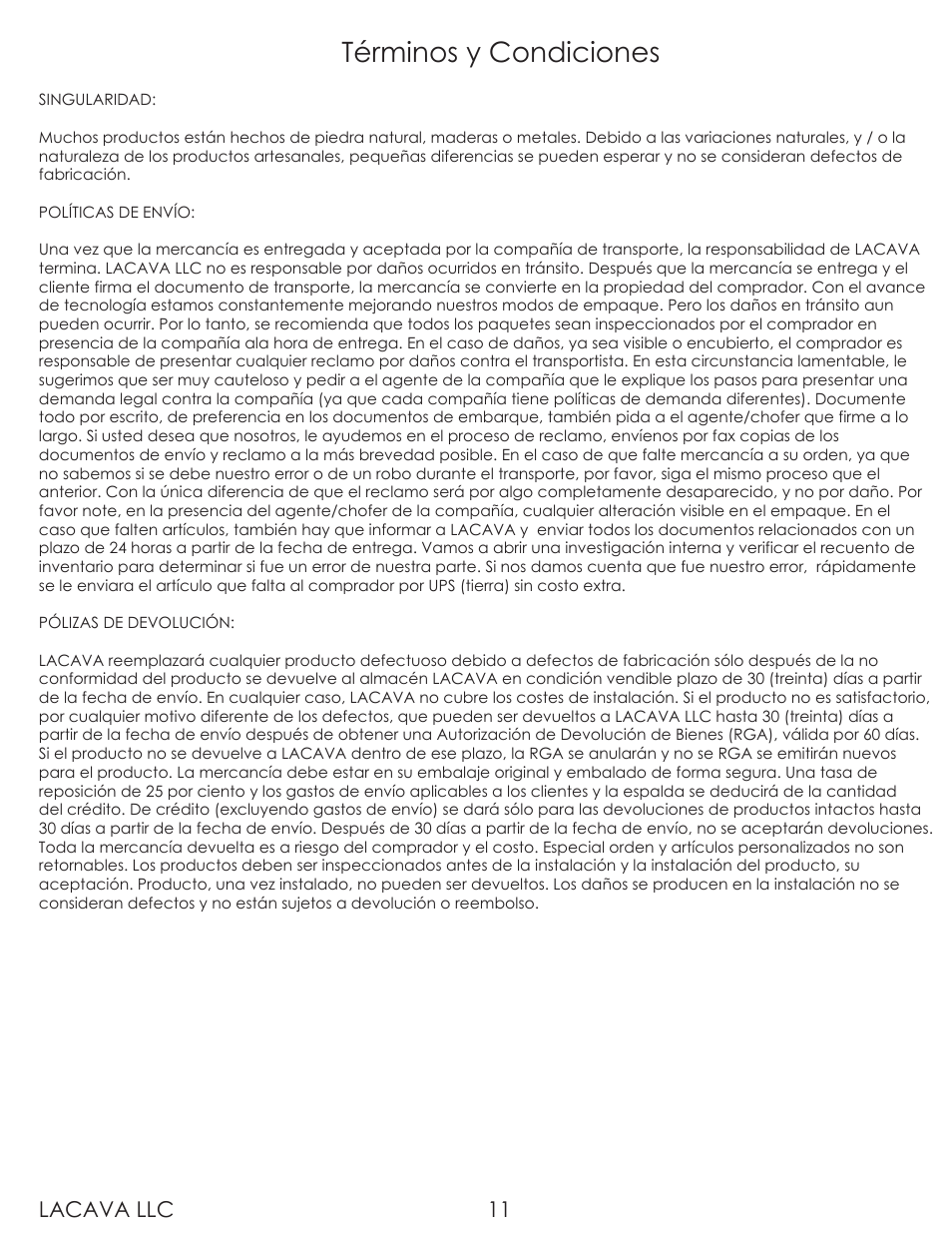 Términos y condiciones, Lacava llc 11 | Lacava 6059 User Manual | Page 11 / 11