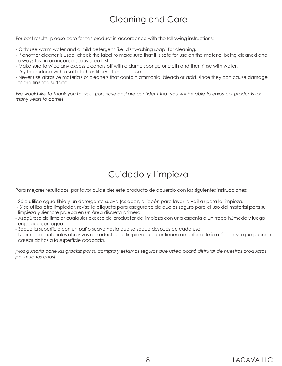 Cleaning and care, Cuidado y limpieza, Lacava llc 8 | Lacava 6059 User Manual | Page 8 / 11