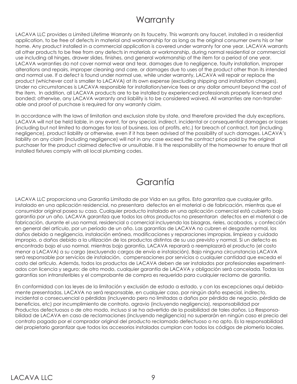 Warranty, Garantía, Lacava llc 9 | Lacava 6059 User Manual | Page 9 / 11