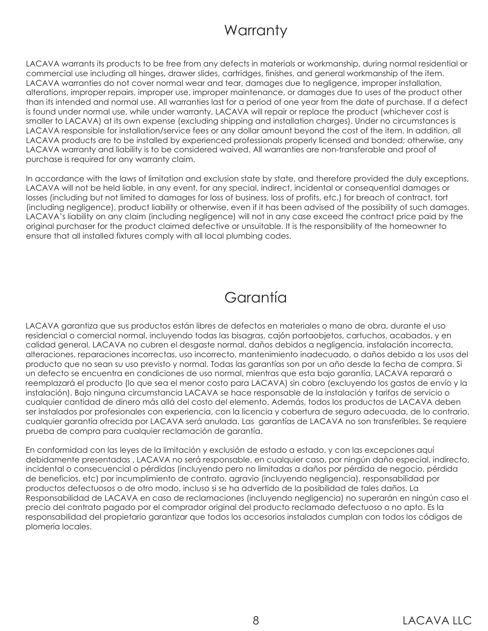 Warranty, Garantía, Lacava llc 8 | Lacava 7000 User Manual | Page 8 / 10