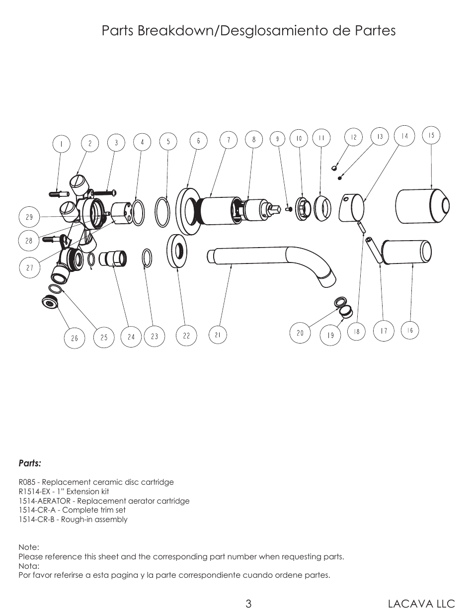 Parts breakdown/desglosamiento de partes, Lacava llc 3 | Lacava 1514 User Manual | Page 3 / 9