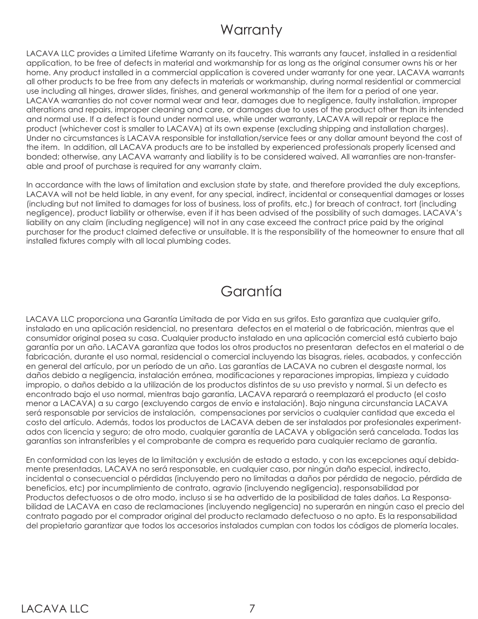 Warranty, Garantía, Lacava llc 7 | Lacava 1514 User Manual | Page 7 / 9