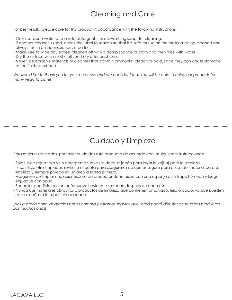 Cleaning and care, Cuidado y limpieza, 5lacava llc | Lacava SC010 User Manual | Page 5 / 8