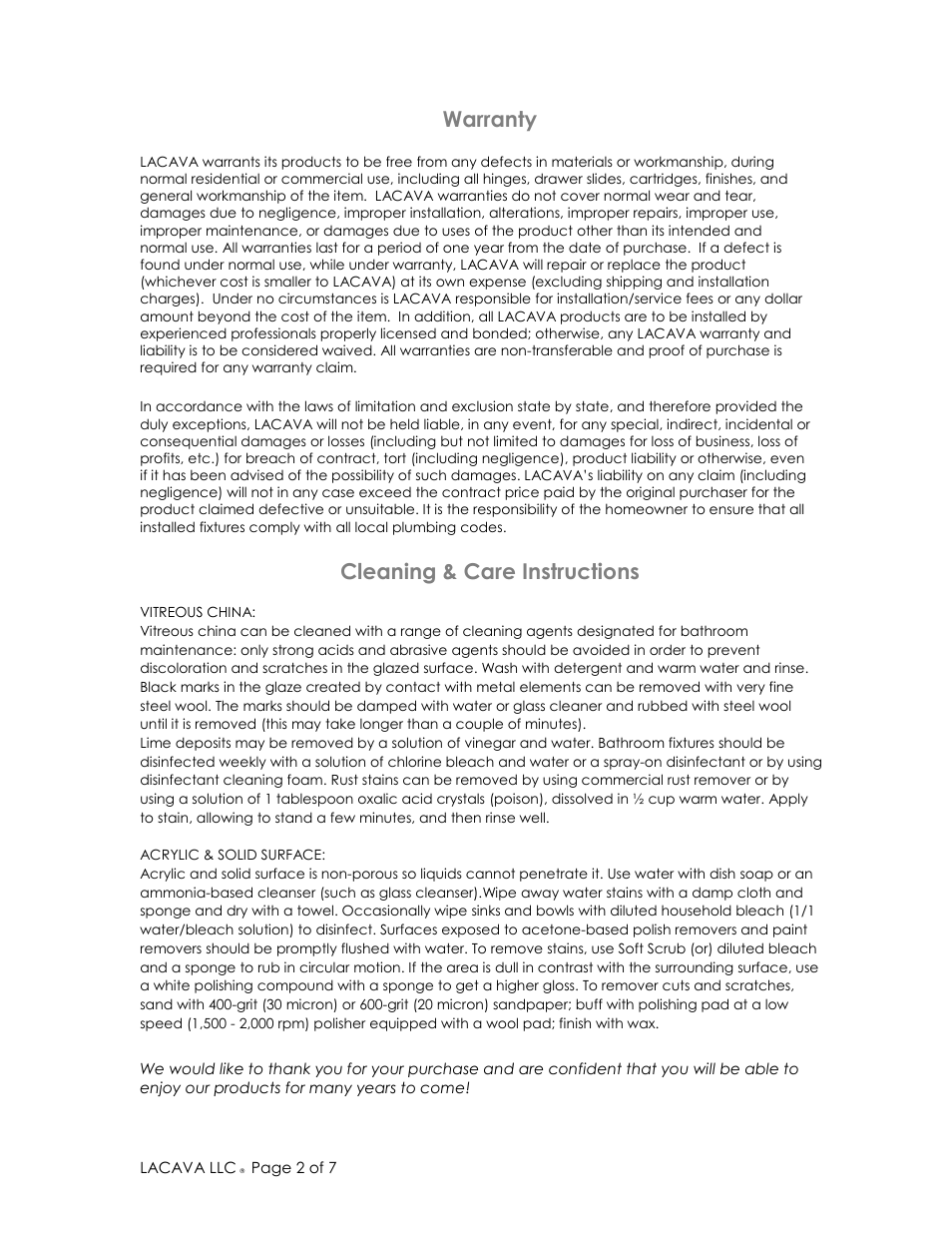 Warranty, Cleaning & care instructions | Lacava 4500G User Manual | Page 2 / 7