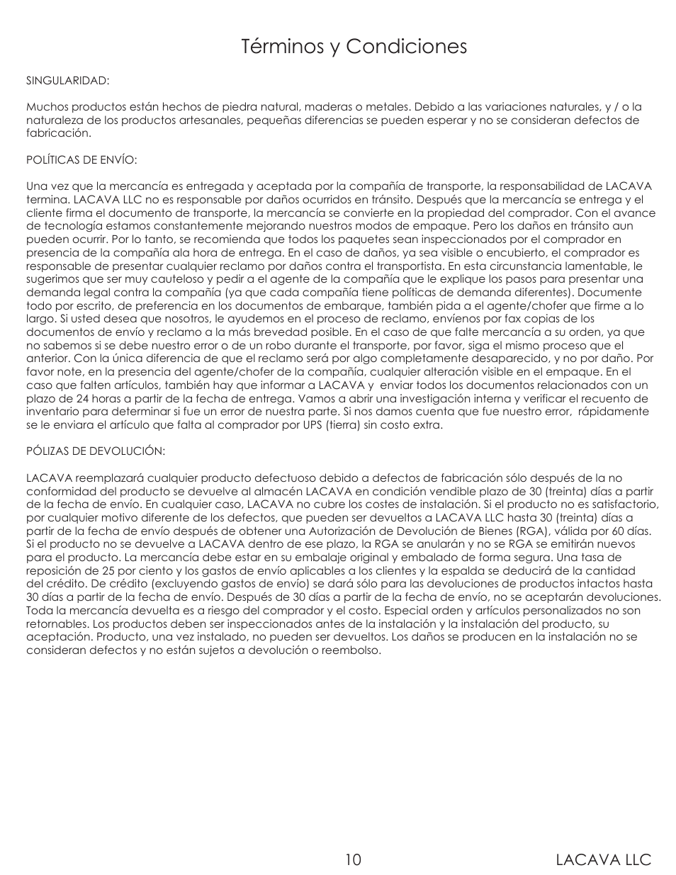 Términos y condiciones, Lacava llc 10 | Lacava 2895 User Manual | Page 10 / 10