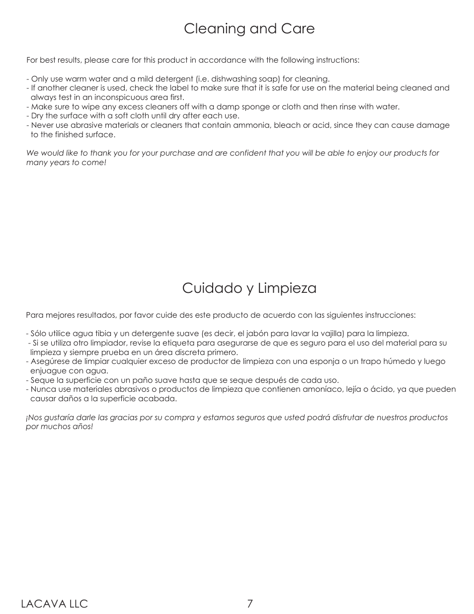 Cleaning and care, Cuidado y limpieza, Lacava llc 7 | Lacava 2895 User Manual | Page 7 / 10