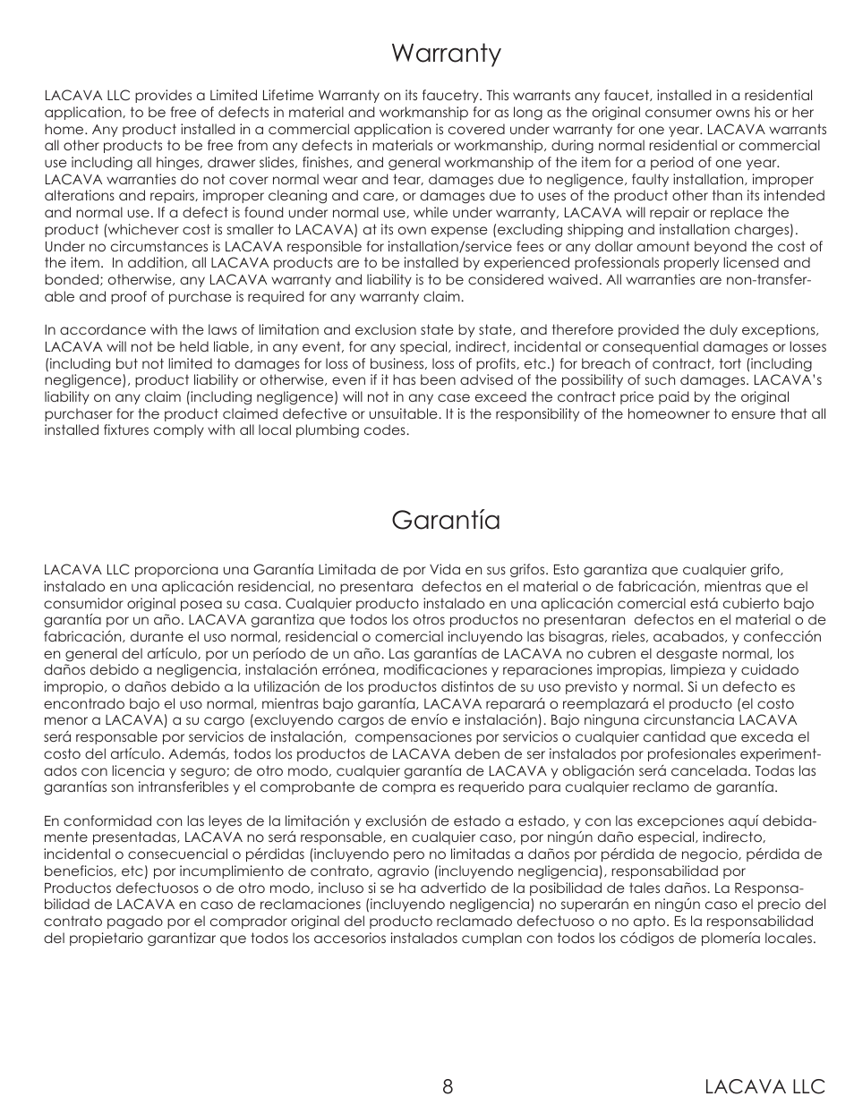 Warranty, Garantía, Lacava llc 8 | Lacava 2895 User Manual | Page 8 / 10
