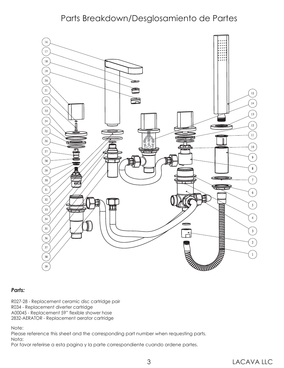 Parts breakdown/desglosamiento de partes, Lacava llc 3 | Lacava 2832 User Manual | Page 3 / 9