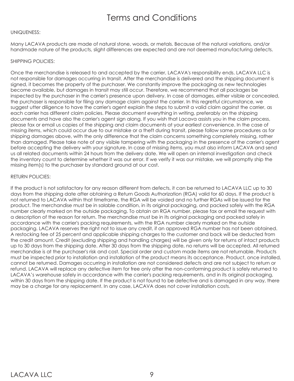 Terms and conditions, Lacava llc 9 | Lacava 1495 User Manual | Page 9 / 10