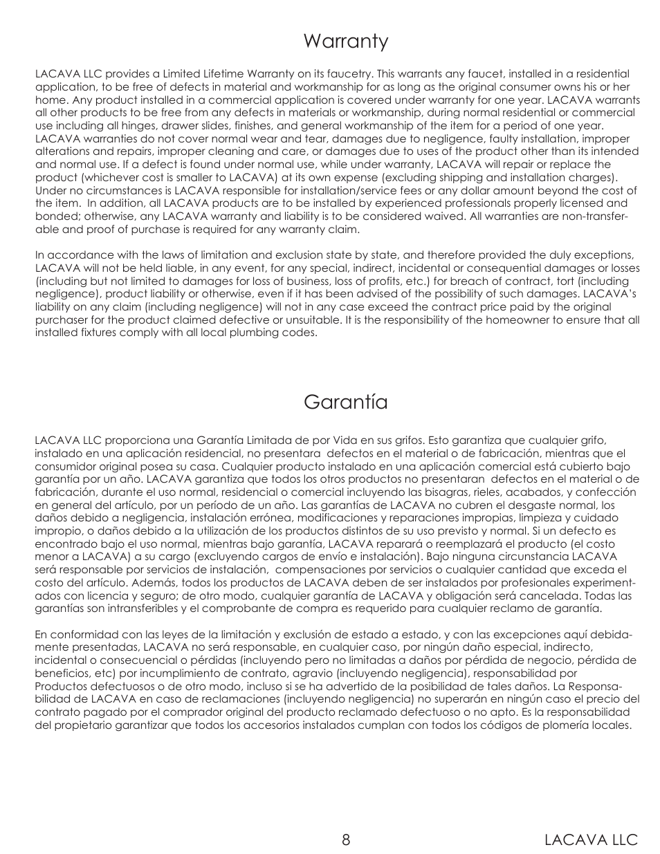 Warranty, Garantía, Lacava llc 8 | Lacava 0475 User Manual | Page 8 / 10