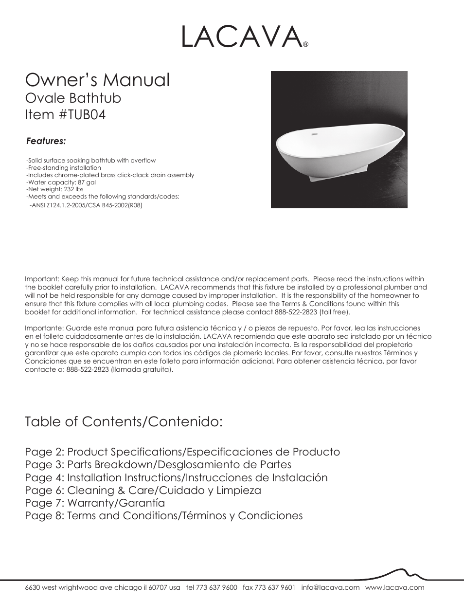 Lacava TUB04 User Manual | 9 pages