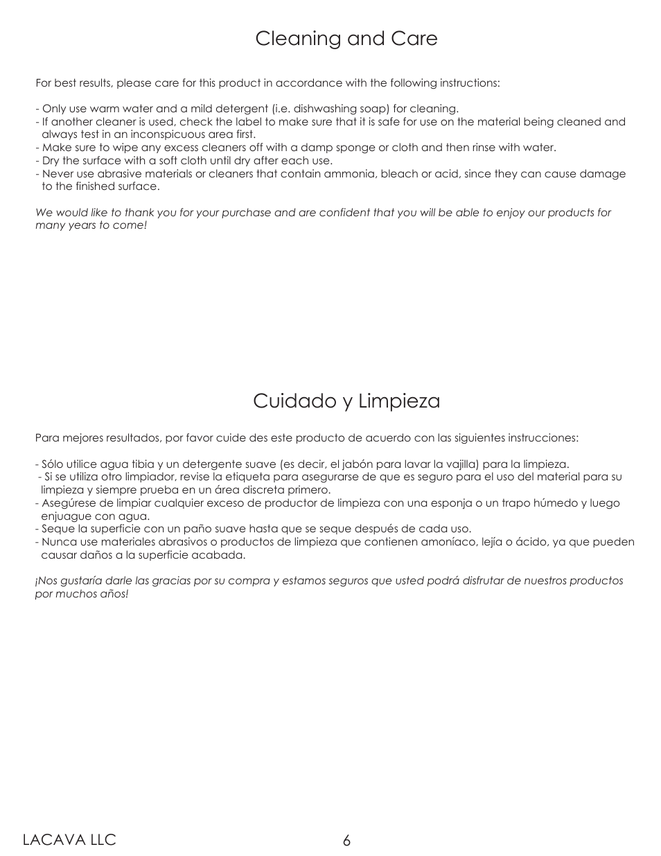 Cleaning and care, Cuidado y limpieza, Lacava llc 6 | Lacava TUB04 User Manual | Page 6 / 9