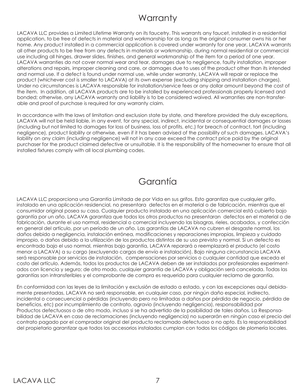 Warranty, Garantía, Lacava llc 7 | Lacava TUB04 User Manual | Page 7 / 9