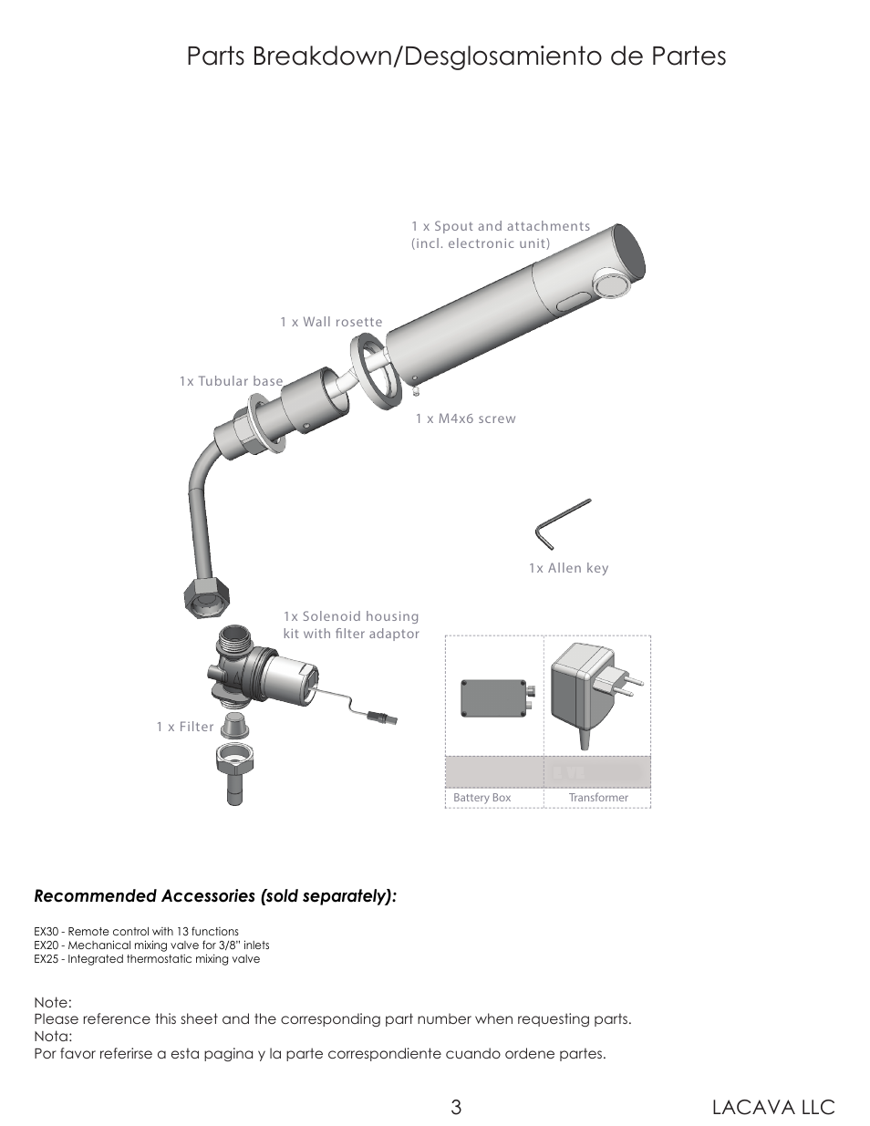 Parts breakdown/desglosamiento de partes, Lacava llc 3 | Lacava EX03 User Manual | Page 3 / 11