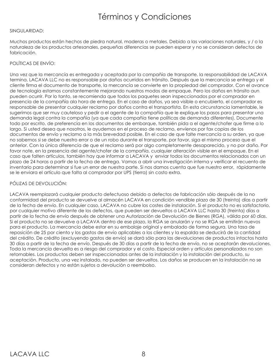 Términos y condiciones, Lacava llc 8 | Lacava W1010 User Manual | Page 8 / 8