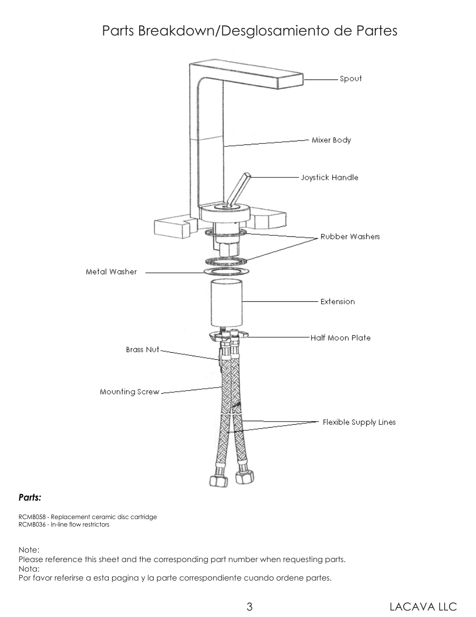 Parts breakdown/desglosamiento de partes, Lacava llc 3 | Lacava W1001H1 User Manual | Page 3 / 8