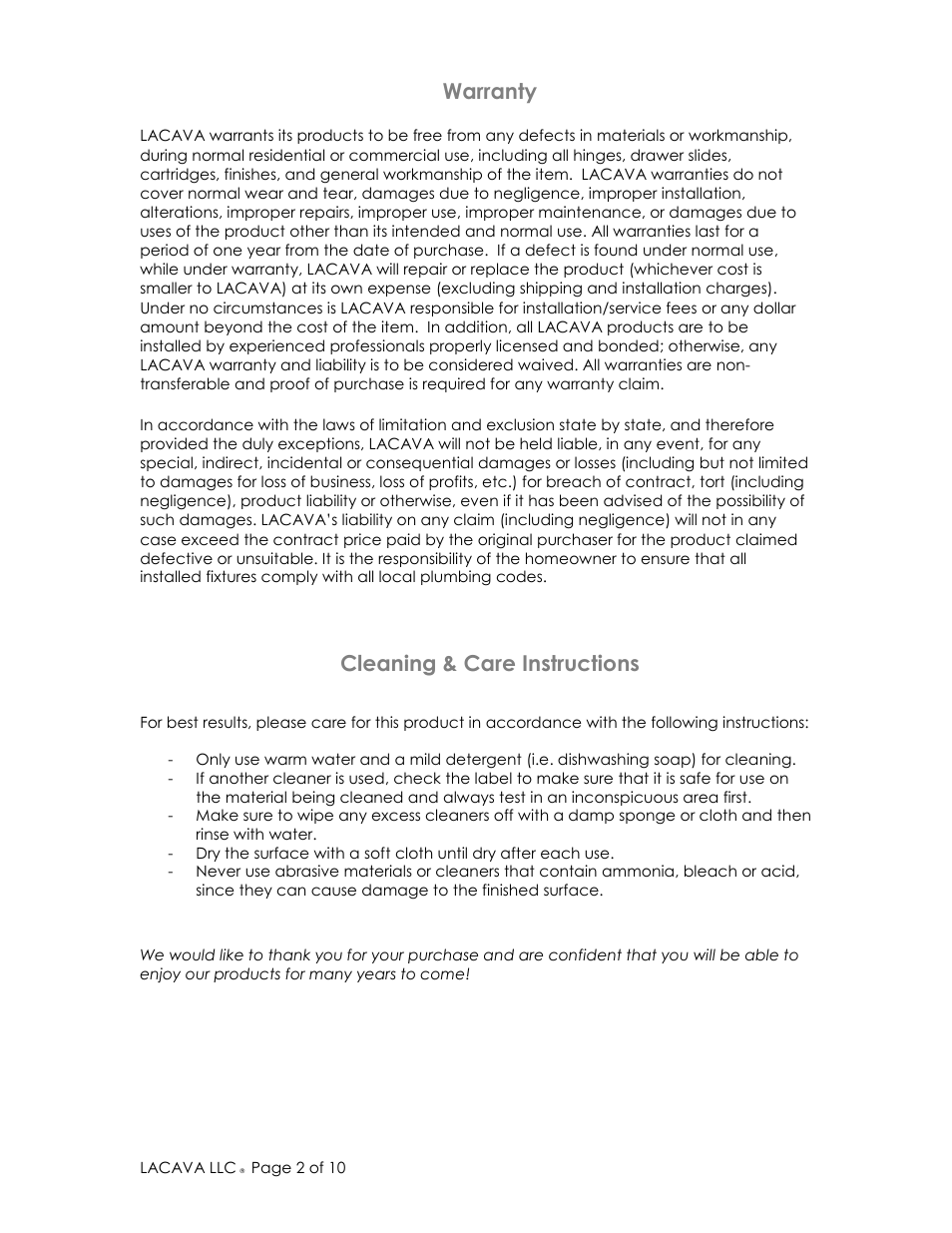 Warranty, Cleaning & care instructions | Lacava W1026 User Manual | Page 2 / 10