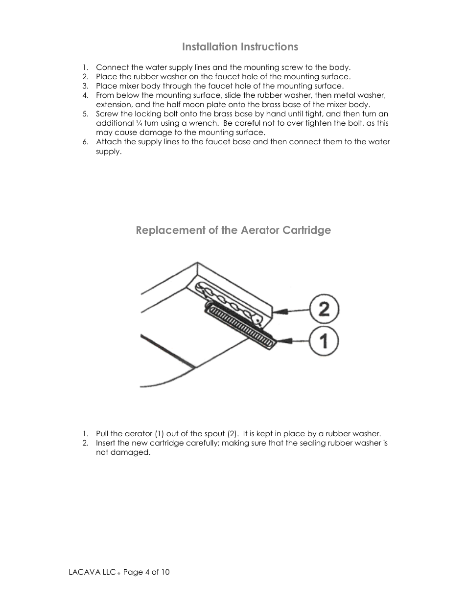 Installation instructions, Replacement of the aerator cartridge | Lacava W1026 User Manual | Page 4 / 10