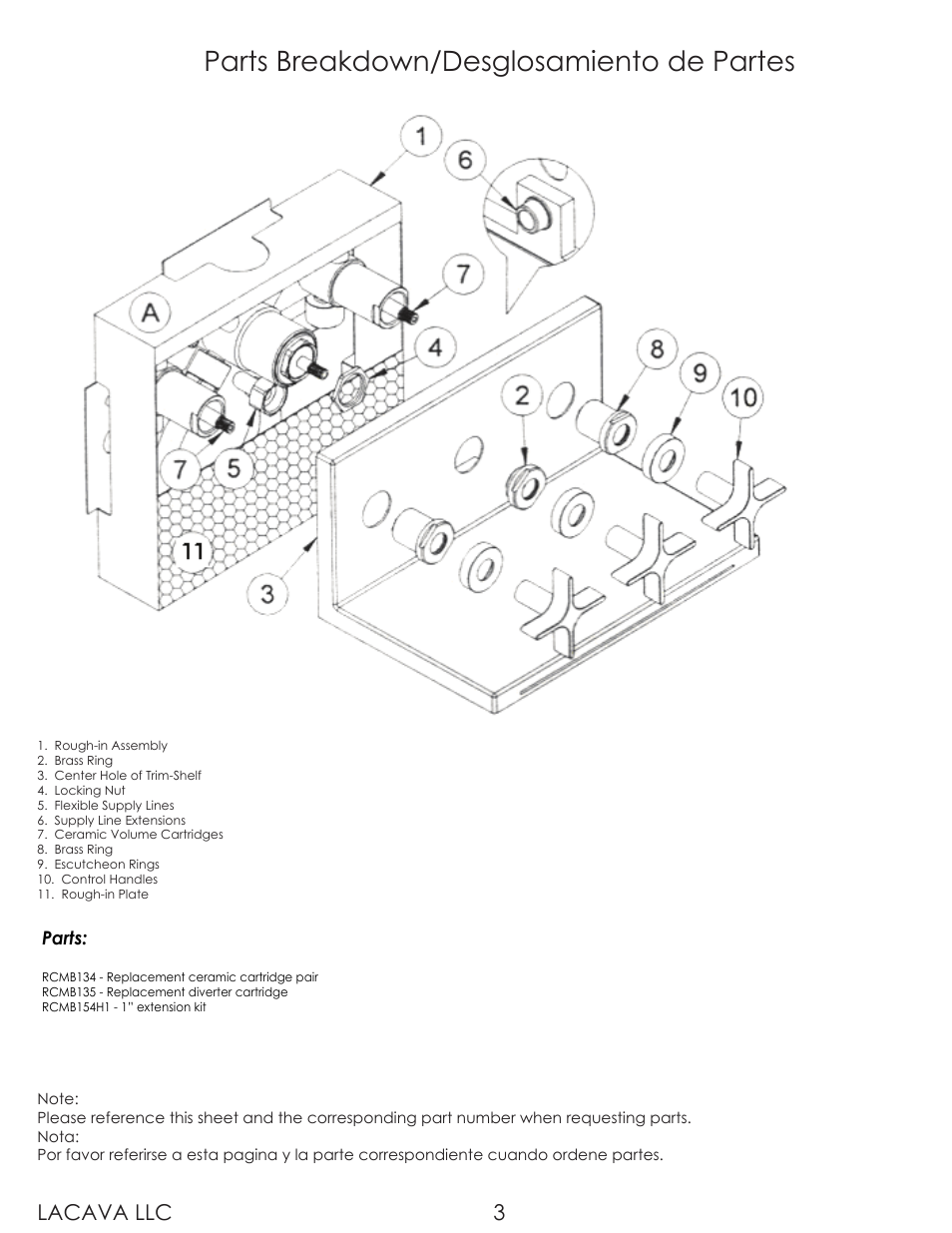 Parts breakdown/desglosamiento de partes, Lacava llc 3, Parts | Lacava W1030 User Manual | Page 3 / 9