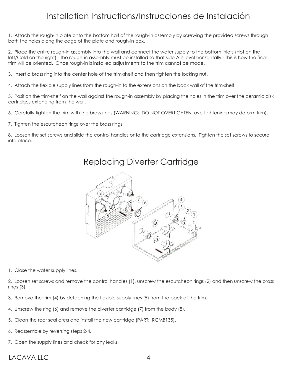 Replacing diverter cartridge, Lacava llc 4 | Lacava W1030 User Manual | Page 4 / 9