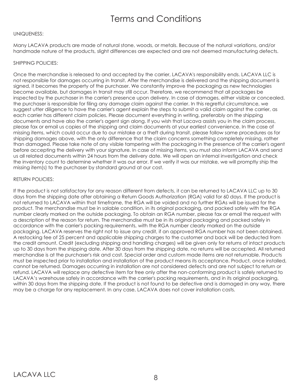 Terms and conditions, Lacava llc 8 | Lacava W1030 User Manual | Page 8 / 9