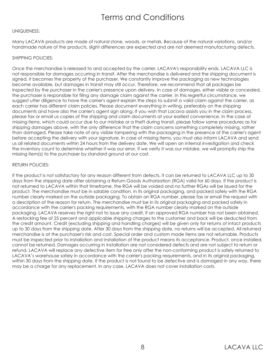 Terms and conditions, Lacava llc 8 | Lacava 1445 User Manual | Page 8 / 9