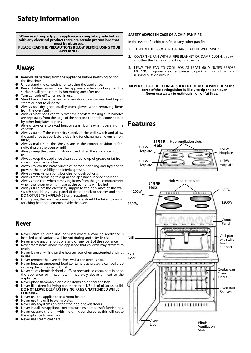 Safety information, Always, Never features | Creda JACKSON J151E User Manual | Page 2 / 8