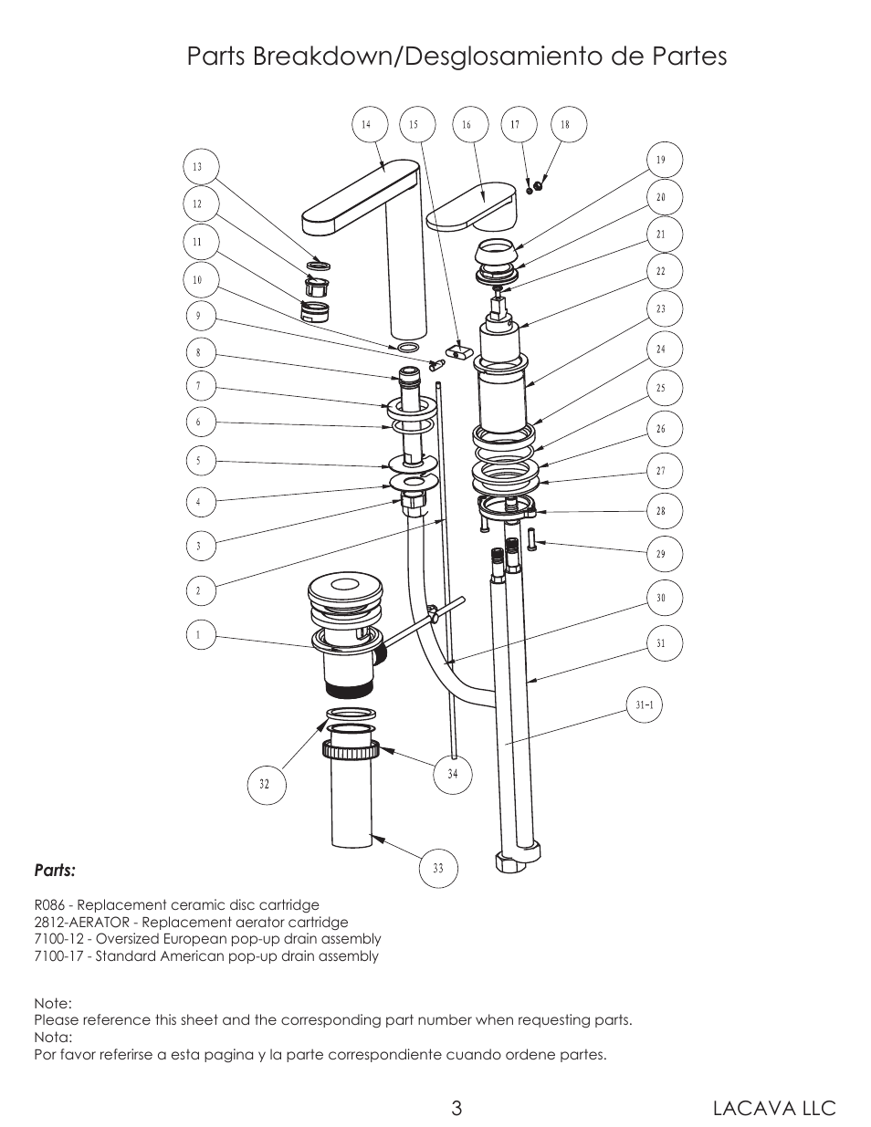 Parts breakdown/desglosamiento de partes, Lacava llc 3 | Lacava 2812 User Manual | Page 3 / 9