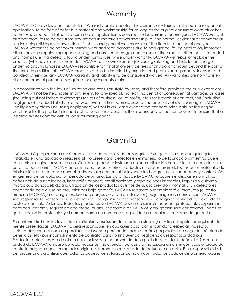 Warranty, Garantía, Lacava llc 7 | Lacava 2845 User Manual | Page 7 / 9