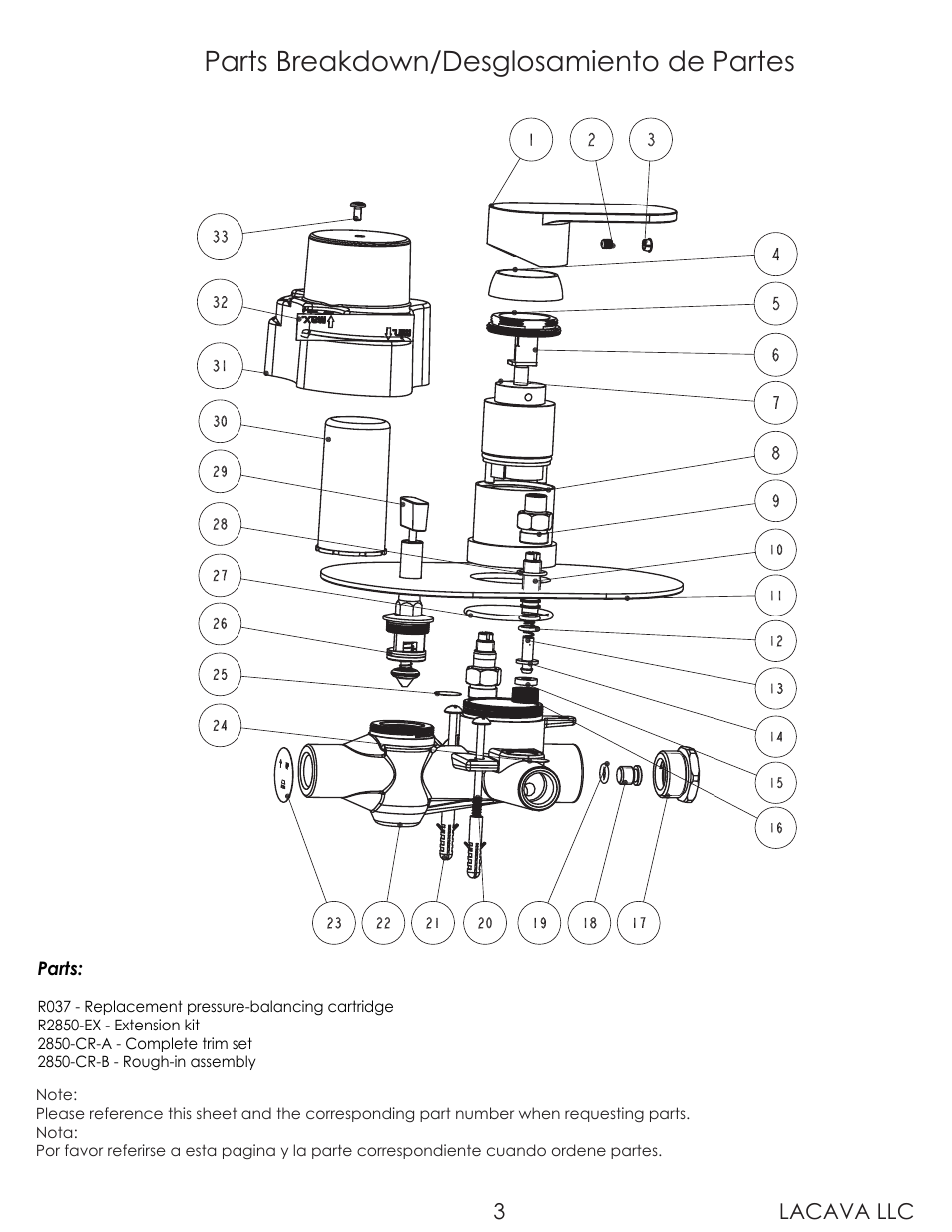 Parts breakdown/desglosamiento de partes, Lacava llc 3 | Lacava 2850 User Manual | Page 3 / 9