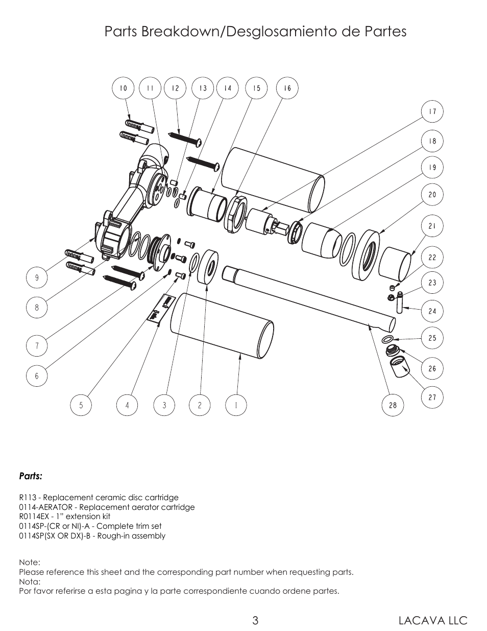 Parts breakdown/desglosamiento de partes, Lacava llc 3 | Lacava 0114SP User Manual | Page 3 / 9