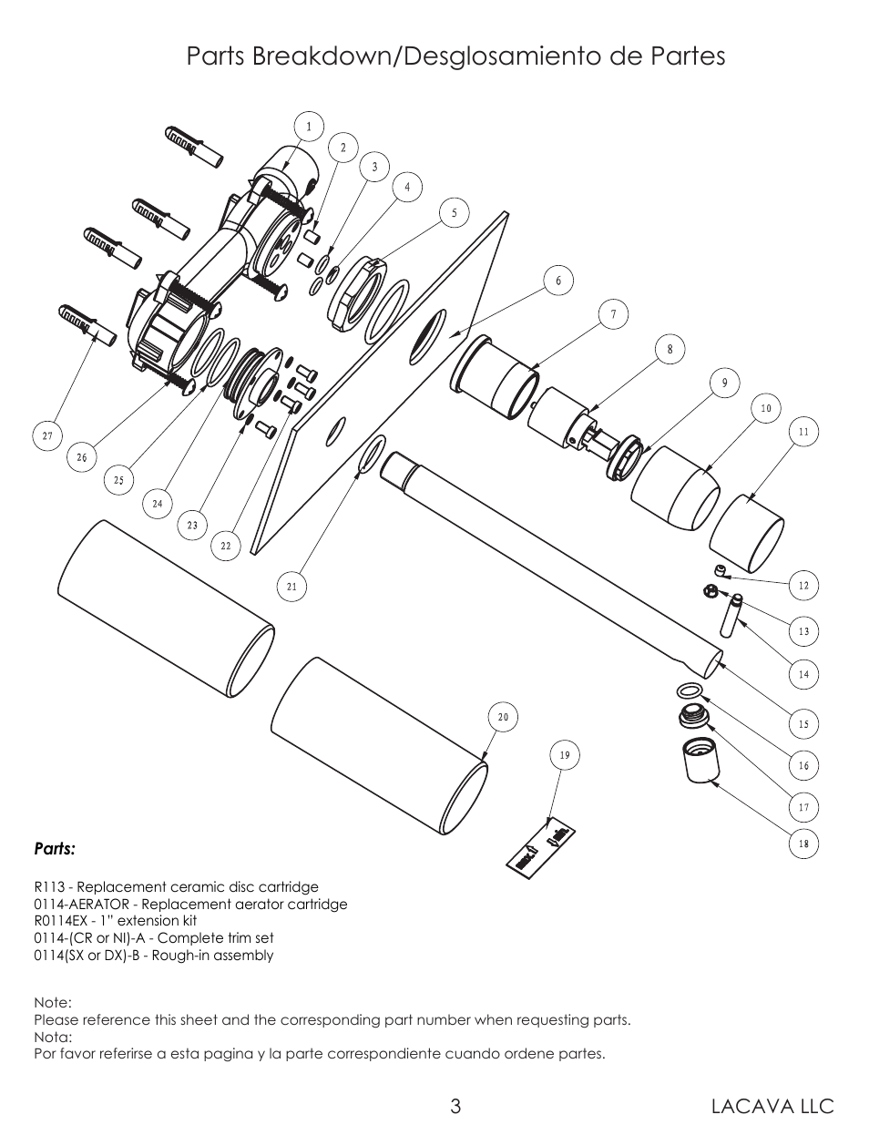 Parts breakdown/desglosamiento de partes, Lacava llc 3 | Lacava 0114 User Manual | Page 3 / 9