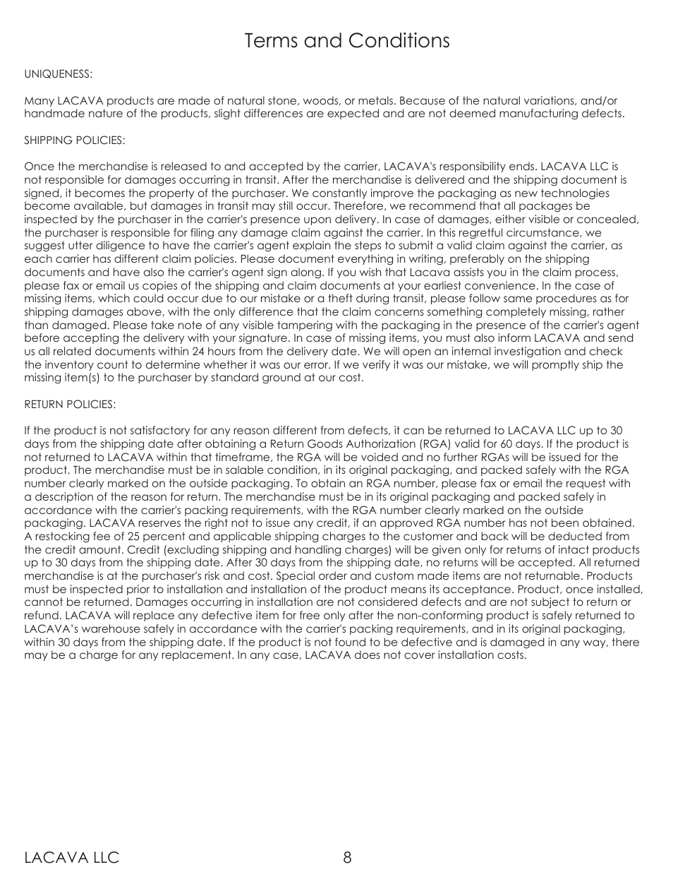 Terms and conditions, Lacava llc 8 | Lacava 0470 User Manual | Page 8 / 9