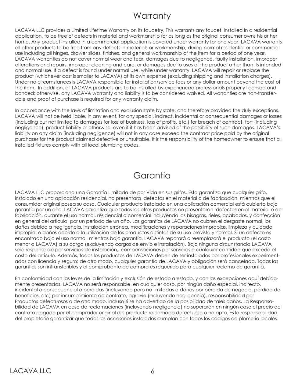 Warranty, Garantía, Lacava llc 6 | Lacava 1420 User Manual | Page 6 / 8