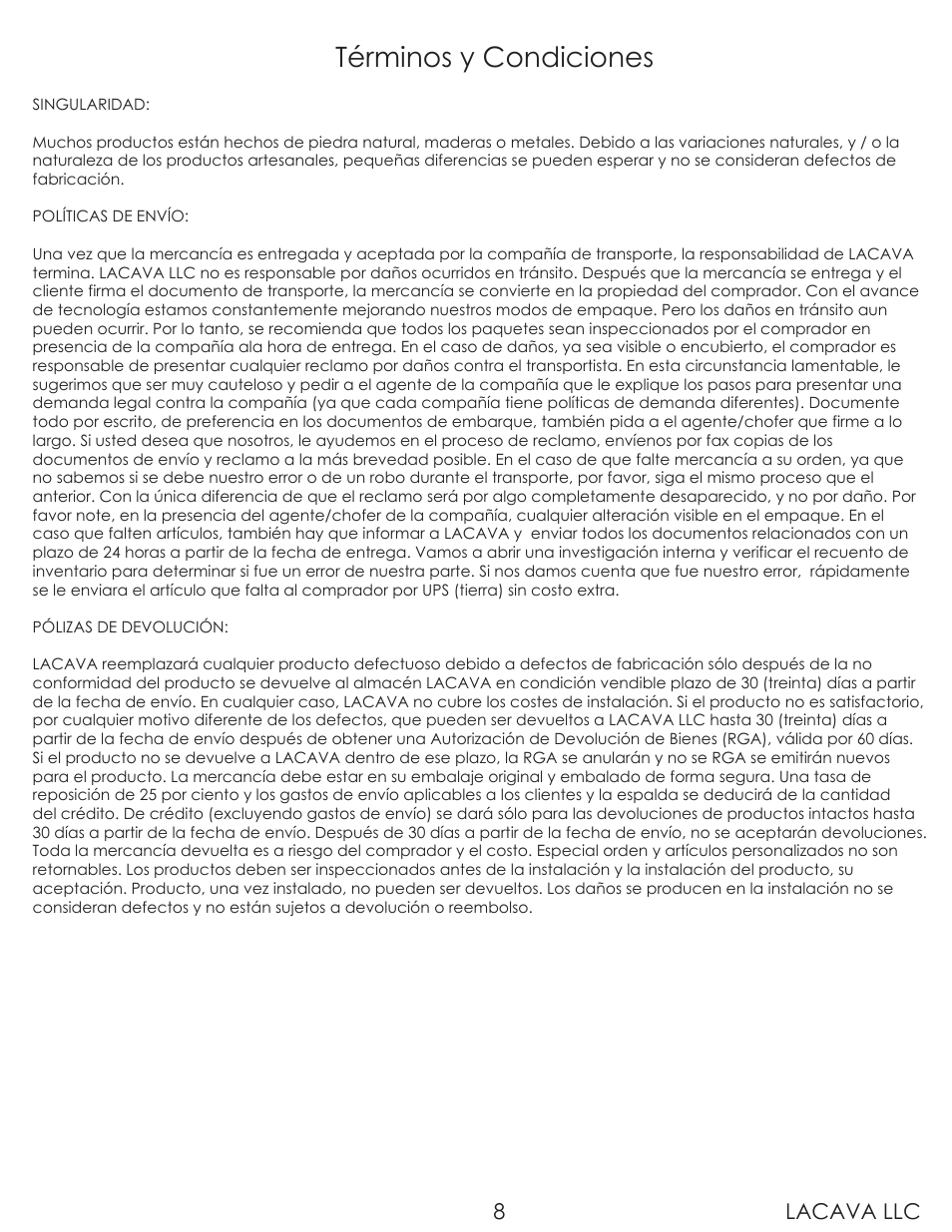 Términos y condiciones, Lacava llc 8 | Lacava 1420 User Manual | Page 8 / 8