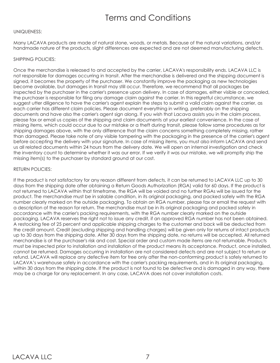 Terms and conditions, Lacava llc 7 | Lacava 0511 User Manual | Page 7 / 8
