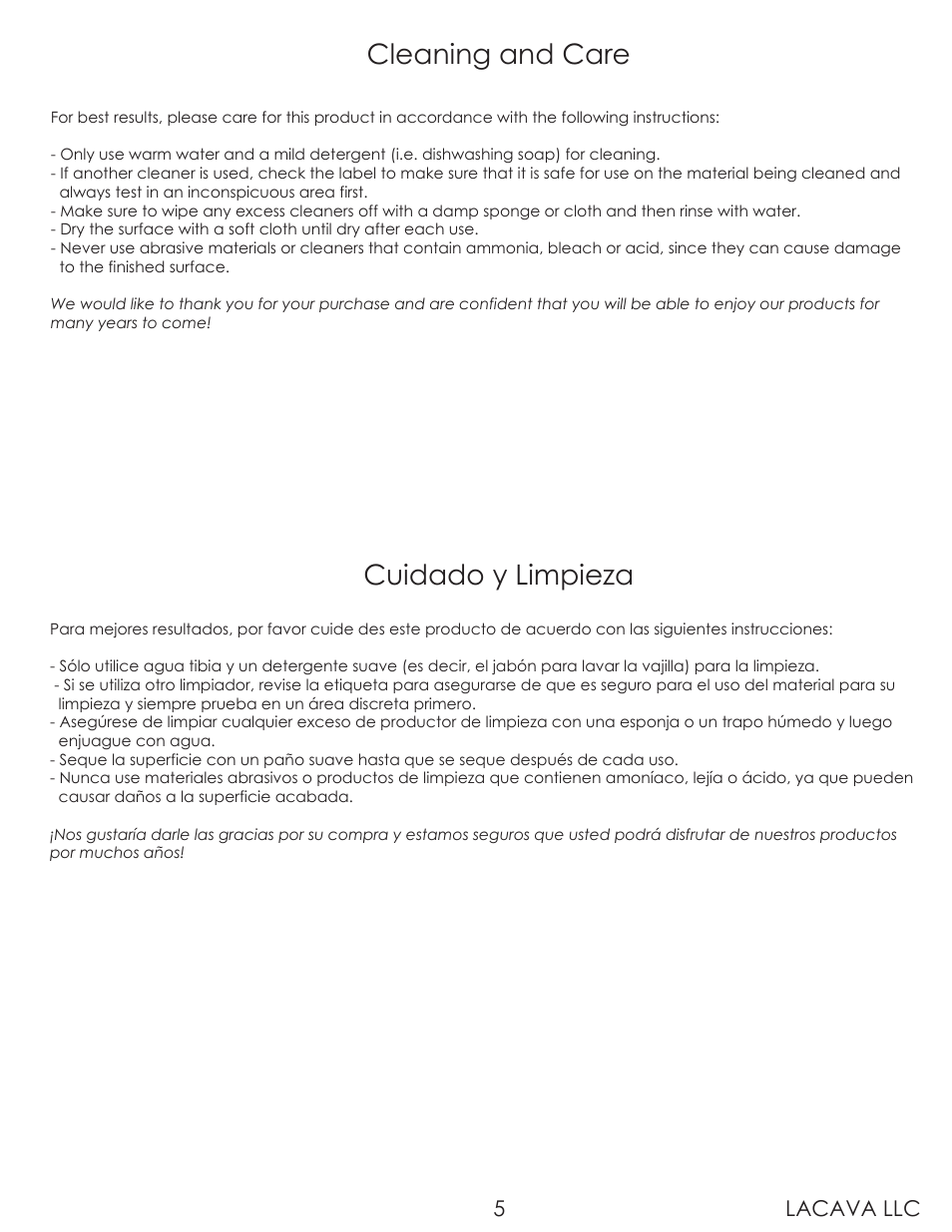 Cleaning and care, Cuidado y limpieza, Lacava llc 5 | Lacava 0510 User Manual | Page 5 / 8