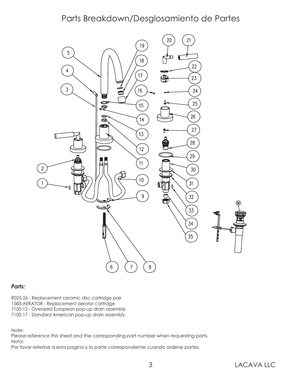 Parts breakdown/desglosamiento de partes, Lacava llc 3 | Lacava 1583 User Manual | Page 3 / 9