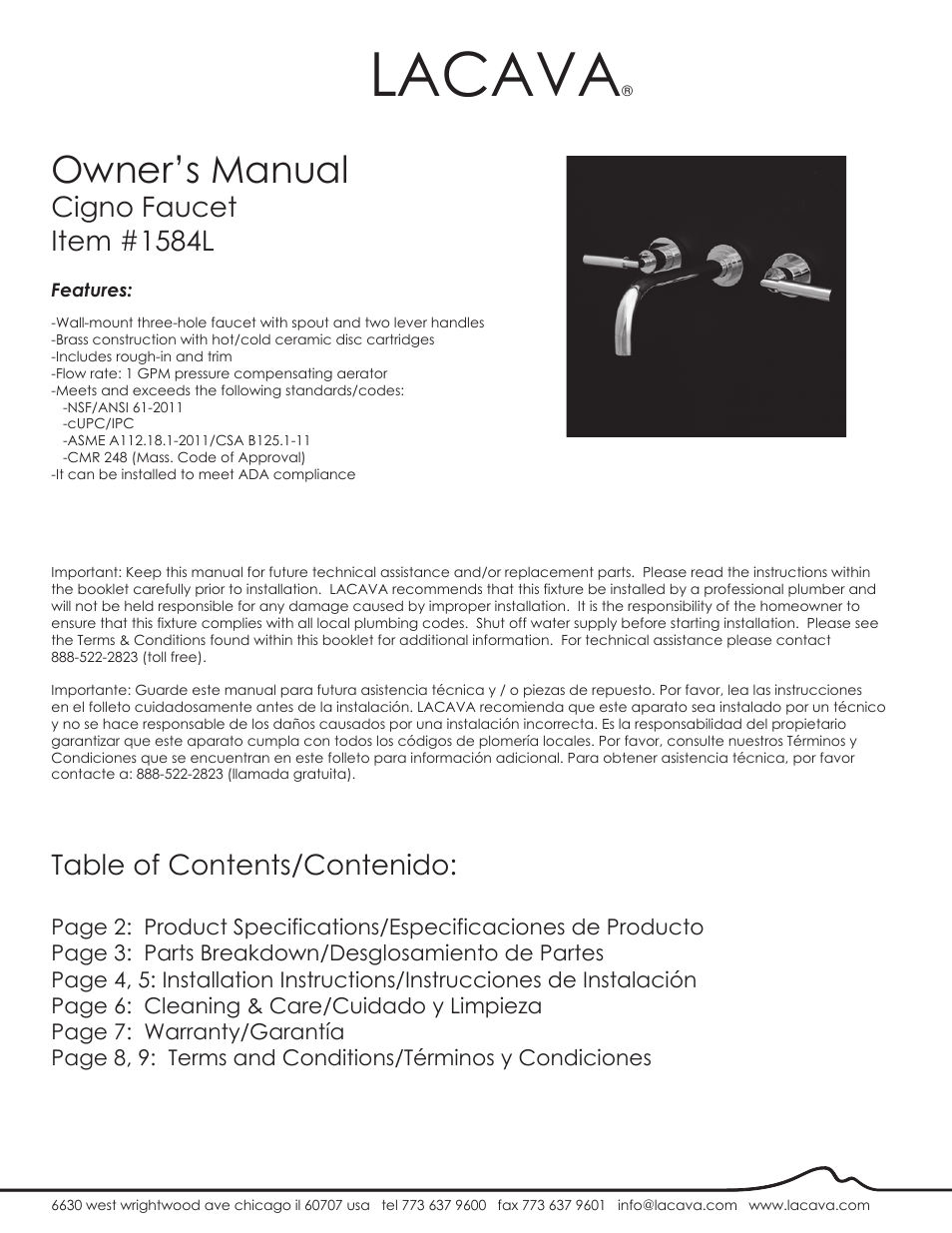 Lacava 1584L User Manual | 9 pages